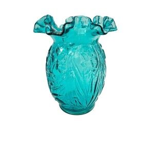 Fenton Vintage Teal Blue Glass 8" Ruffled Daffodil Vase - One Chip